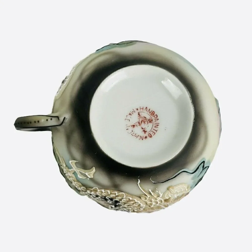 Vintage Dragonware Moriage Teacup and 2 Saucers Hand Painted Japan Blue Eyes 3D